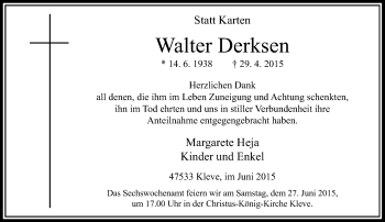 Todesanzeige von Walter Derksen von Rheinische Post
