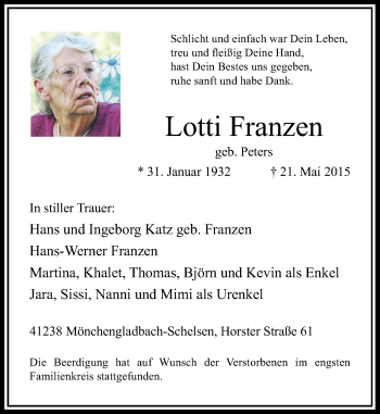Todesanzeige von Lotti Franzen von Rheinische Post