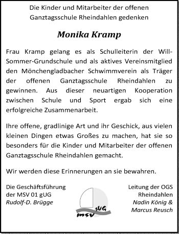 Todesanzeige von Monika Kramp von Rheinische Post
