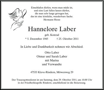 Todesanzeige von Hannelore Laber von Rheinische Post
