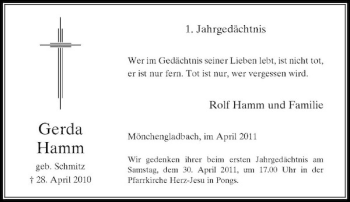 Todesanzeige von Gerda Hamm von Rheinische Post