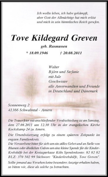 Todesanzeige von Tove Kildegard Greven von Rheinische Post
