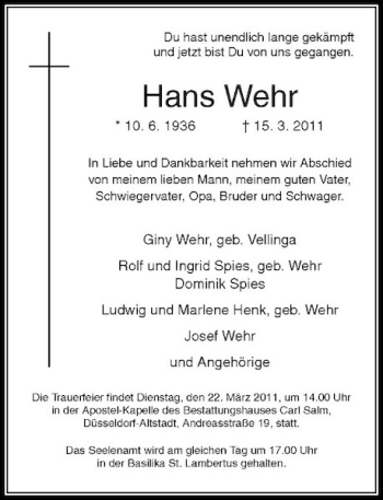 Todesanzeige von Hans Wehr von Rheinische Post