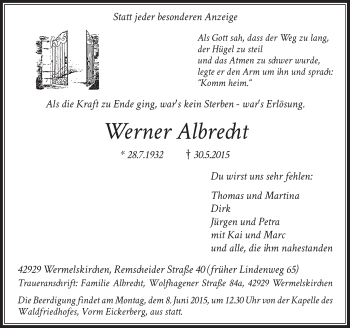 Todesanzeige von Werner Albrecht von Rheinische Post