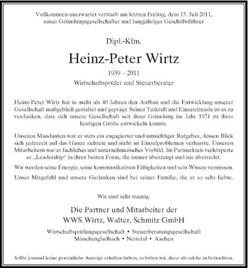 Todesanzeige von Vollkommen unerwartet verstarb am letzten Freitag unser Gründungsgesellschafter und langjähriger Geschäftsführer von Rheinische Post
