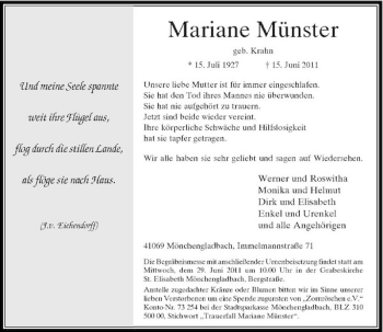 Todesanzeige von Mariane Münster von Rheinische Post