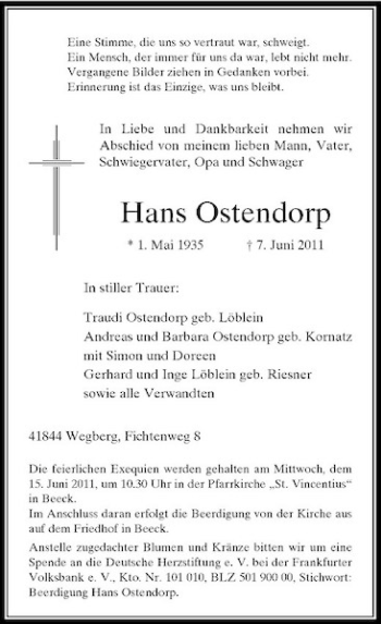 Todesanzeige von Hans Ostendorp von Rheinische Post