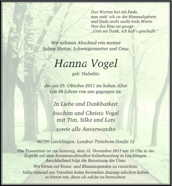 Todesanzeige von Hanna Vogel von Rheinische Post