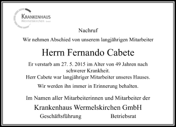Todesanzeige von Fernando Cabete von Rheinische Post