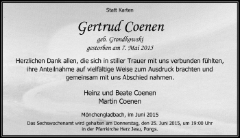Todesanzeige von Gertrud Coenen von Rheinische Post