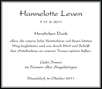 Todesanzeige von Hannelotte Leven von Rheinische Post