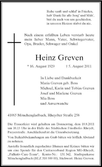 Todesanzeige von Heinz Greven von Rheinische Post