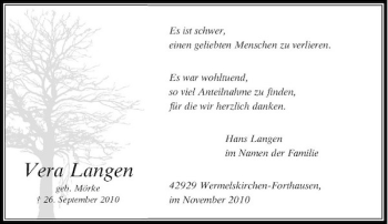 Todesanzeige von Vera Langen von Rheinische Post