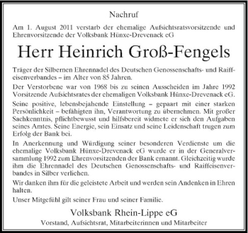Todesanzeige von Nachruf Nachruf Am 1. August 2011 verstarb der ehemalige Aufsichtsratsvorsitzende und Ehrenvorsitzende der Volksbank Hünxe-Drevenack eG von Rheinische Post