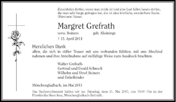 Todesanzeige von Margret Grefrath von Rheinische Post