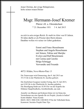 Todesanzeige von Hermann-Josef Kremer von Rheinische Post