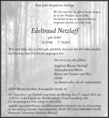 Todesanzeige von Edeltraud Netzlaff von Rheinische Post