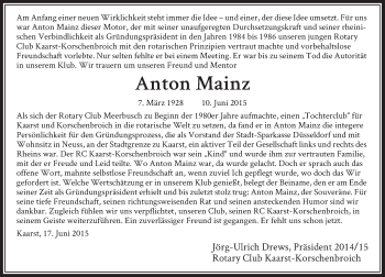 Todesanzeige von Anton Mainz von Rheinische Post
