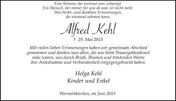 Todesanzeige von Alfred Kehl von Rheinische Post