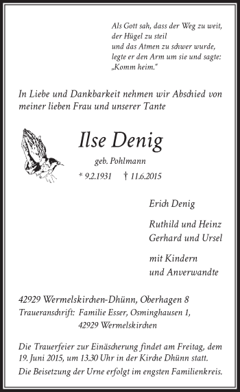 Todesanzeige von Ilse Denig von Rheinische Post