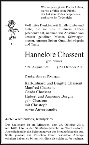Todesanzeige von Hannelore Chassent von Rheinische Post