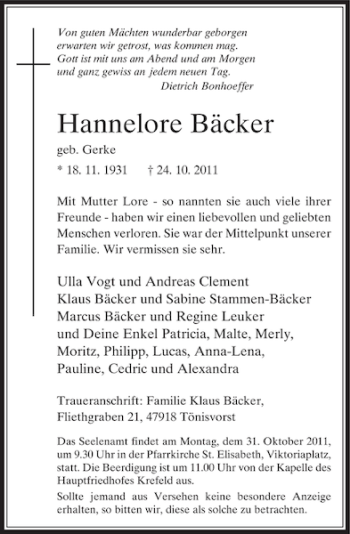 Todesanzeige von Hannelore Bäcker von Rheinische Post