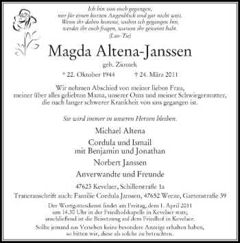Todesanzeige von Magda Altena-Janssen von Rheinische Post