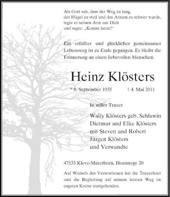 Todesanzeige von Heinz Klösters von Rheinische Post