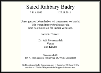 Todesanzeige von Saied Rahbary Badry von Rheinische Post