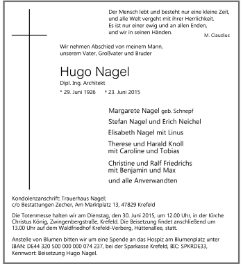 Todesanzeige von Hugo Nagel von Rheinische Post
