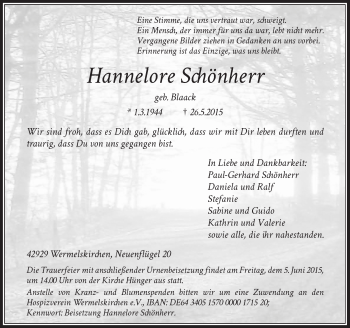 Todesanzeige von Hannelore Schönherr von Rheinische Post