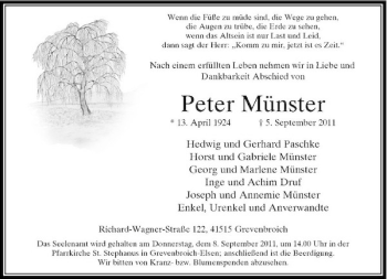 Todesanzeige von Peter Münster von Rheinische Post