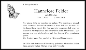 Todesanzeige von Hannelore Felder von Rheinische Post