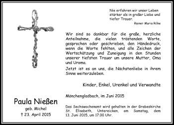 Todesanzeige von Paula Nießen von Rheinische Post