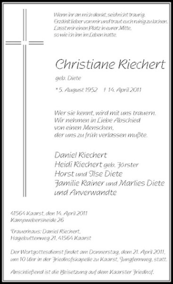 Todesanzeige von Christiane Riechert von Rheinische Post