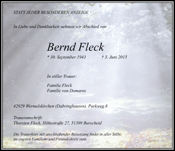 Todesanzeige von Bernd Fleck von Rheinische Post