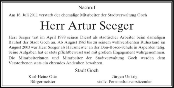 Todesanzeige von Nachruf Nachruf Am 16. Juli 2011 verstarb der ehemalige Mitarbeiter der Stadtverwaltung Goch von Rheinische Post