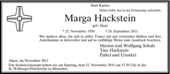 Todesanzeige von Marga Hackstein von Rheinische Post