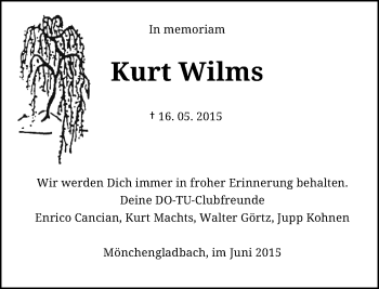 Todesanzeige von Kurt Wilms von Rheinische Post