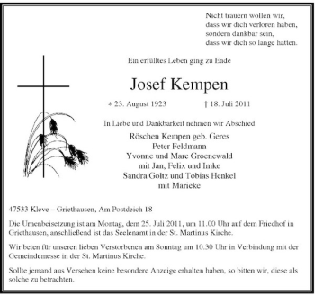 Todesanzeige von Josef Kempen von Rheinische Post