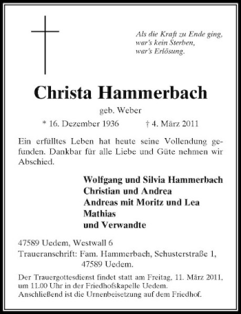 Todesanzeige von Christa Hammerbach von Rheinische Post