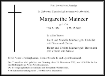 Todesanzeige von Margarethe Mainzer von Rheinische Post