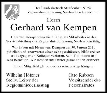 Todesanzeige von Gerhard van Kempen von Rheinische Post