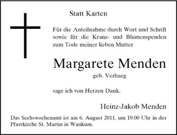 Todesanzeige von Margarete Menden von Rheinische Post