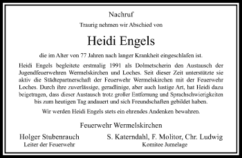 Todesanzeige von Heidi Engels von Rheinische Post