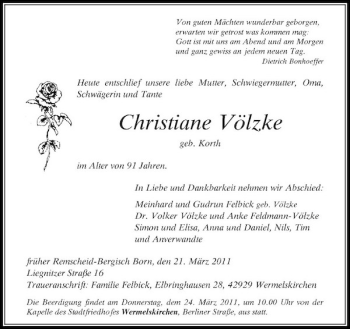 Todesanzeige von Christiane Völzke von Rheinische Post