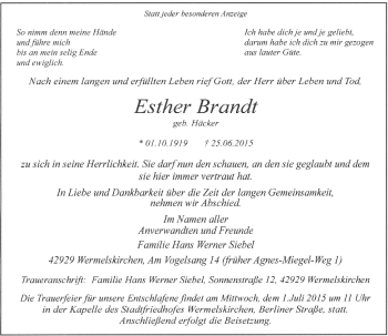 Todesanzeige von Esther Brandt von Rheinische Post