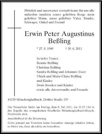 Todesanzeige von Erwin Peter Augustinus Beßling von Rheinische Post