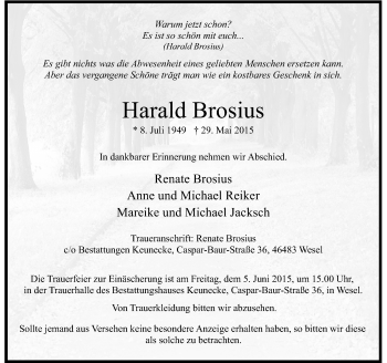 Todesanzeige von Harald Brosius von Rheinische Post