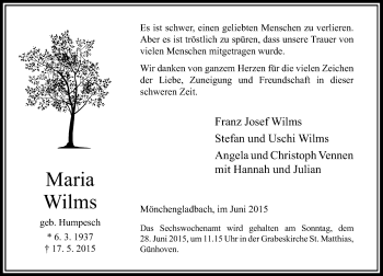 Todesanzeige von Maria Wilms von Rheinische Post